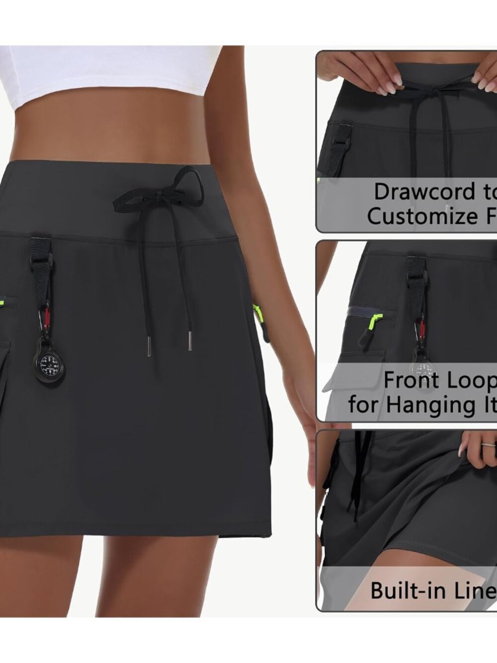 Skorts for Woman - Hiking Cargo Skorts with Zipper Pockets | High Waisted Quick - Picture 5 of 7